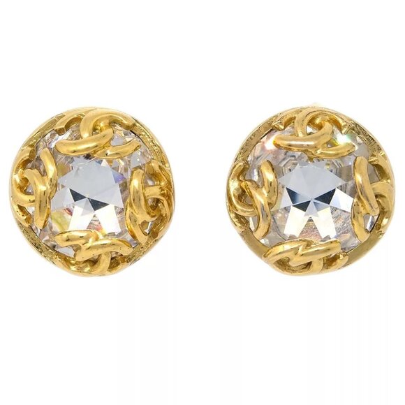Auth Chanel Gold Button Earrings Clip-On Rhinestone - Picture 2 of 9